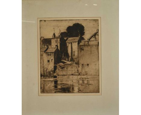 Frank Brangwyn (1867-1956) etching - Barnard Castle, c. 1905, signed with initials to plate, 37cm x 30cm, in glazed frame