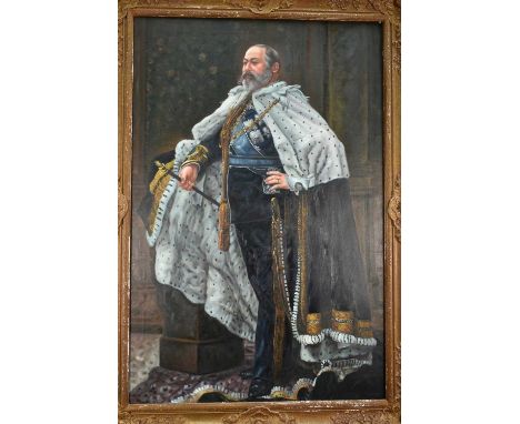 English School, 20th century, oil on canvas - A full length portrait of King Edward Vll, 1840 - 1910, 90 x 59cm, in gilt fram