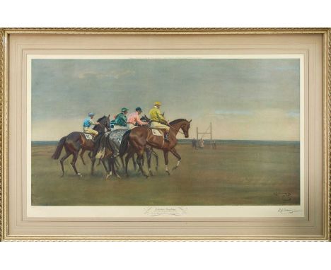 *Sir Alfred Munnings (1878-1959) signed print - October Meeting, published in 1957 by Frost &amp; Reed, 44cm x 75cm, in glaze