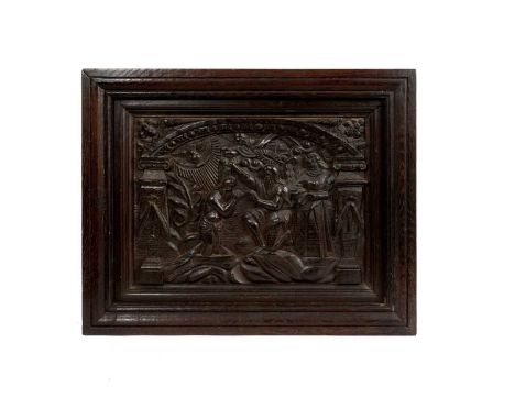 Early 17th century Flemish carved oak panel, relief carved with scene of The Baptism of Christ, panel 30 x 42cm, in later fra