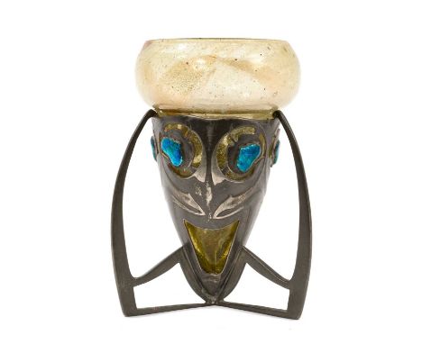 Archibald Knox for Liberty, pewter vase with enamel cabochons and original pearlescent glass liner, unmarked, 16.5cm highTher