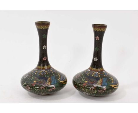 Pair of late 19th century Japanese cloisonné vases, of squat form with Phoenix decoration, 12.5cm highSmall chip to the ename