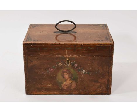Regency satinwood and polychrome painted tea caddy, with surmounting swing handle, painted with portrait vignette and floral 