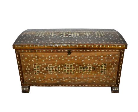 19th century Moorish hardwood and mother of pearl inlaid domed trunk, 115cm wide x 62cm deep x 60cm high