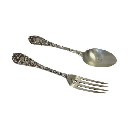 Unusual Victorian silver fork and spoon, with Bacchanalian style decoration, both heels with devil's face and bowls with engr