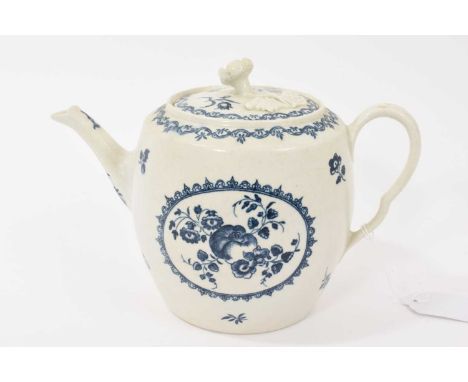 A Worcester teapot and cover, circa 1770, transfer printed in blue with the Fruit and Wreath pattern, crescent mark, 15cm hig