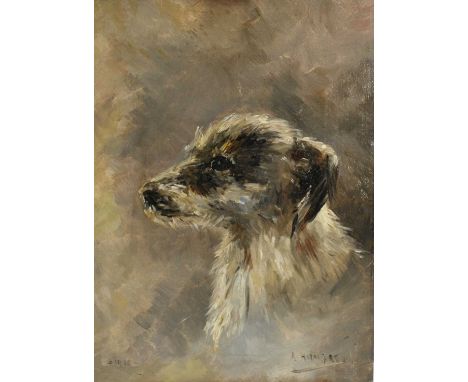 English School, early 20th century, oil on canvas - portrait of a terrier, indistinctly signed, dated 1910, 29cm x 22cm, pres