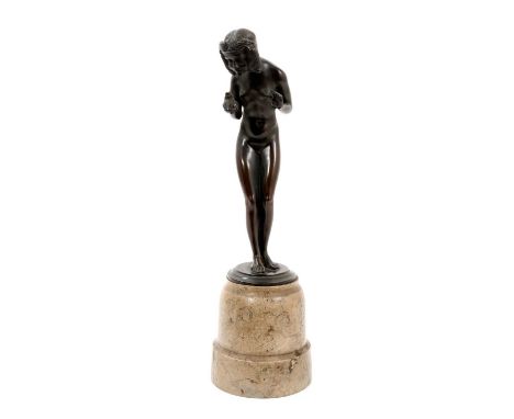 Adolf Daumiller (1876-1962) bronze sculpture, Girl with a Frog, signed, on marble base, total height 33cm Good overall condit