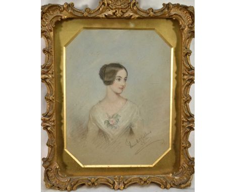 Henrietta G Gubbins, 19th century, coloured pencils on paper, half length portrait of a young woman, signed, 21cm x 16cm, in 