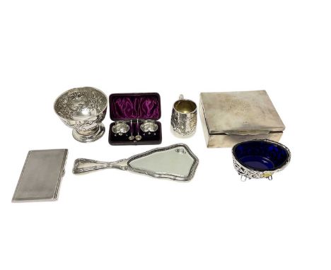 Selection of miscellaneous silver, including cigarette box, bowl, cased pair salts, cigarette case, christening mug, face mir