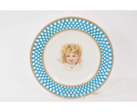 A Minton plate, circa 1871-74, painted with a young girl, with pierced blue and gilt border, impressed and stamped marks, 24.