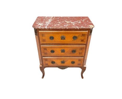 Late 18th century continental marble topped three drawer commode with canted angles, on cabriole legs, 66cm wide x 35cm deep 