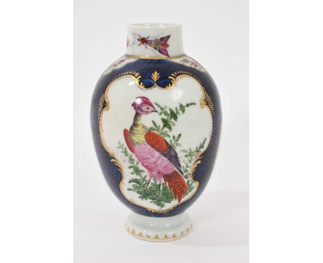 A Worcester tea canister, circa 1770, polychrome painted with exotic birds, insects and flowers within gilt scroll cartouches