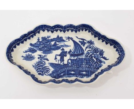 A Worcester spoon tray, circa 1775-1790, printed in blue with the Fisherman and Cormorant pattern, disguised mark to base, 15