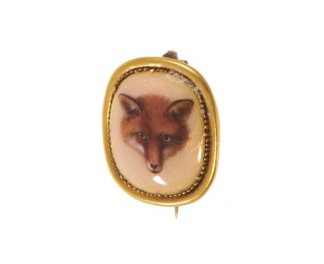 Victorian gold and enamel brooch with a finely painted enamel plaque depicting a fox head on opalescent enamel ground in gold