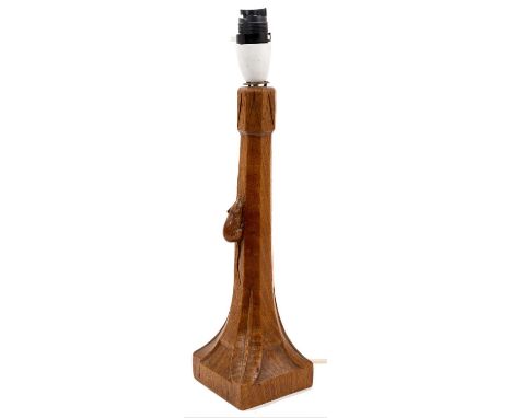 Robert ‘Mouseman’ Thompson of Kilburn oak table lamp, with signature carved mouse on square spread base, 30cm highThe wooden 