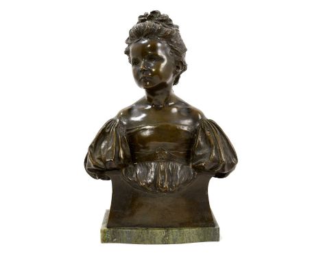Alfred Drury (1859-1944) bronze bust, ‘The Age of Innocence’, signed and dated '98, 37cm high, raised on shaped green marble 