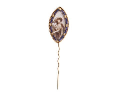 George III gold and enamel stick pin, the navette-shape glazed plaque painted in sepia depicting a portrait of a female farm 