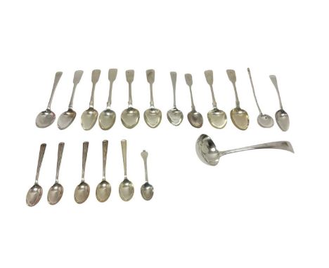 Selection of Georgian and later silver tea and coffee spoons, together with a silver sauce ladle (various dates and makers). 