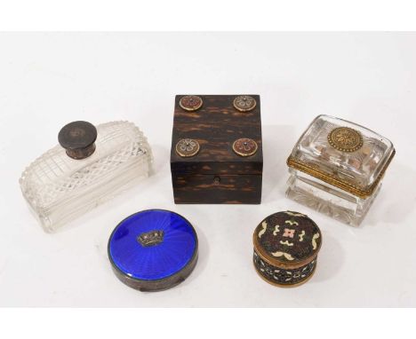 Collection of small boxes, including 19th century Continental glass and ormolu scent box, housing four small lidded flasks, 6