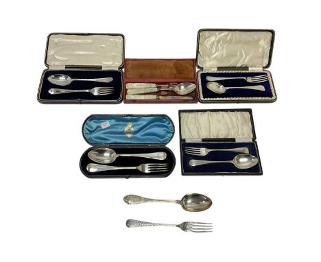 Collection of five Victorian and later silver christening sets in cases, together with a loose spoon and fork (various dates 