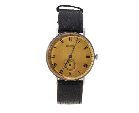 1950s Longines wristwatch with a gold coloured dial, Roman numeral markers and subsidiary seconds in a circular stainless ste