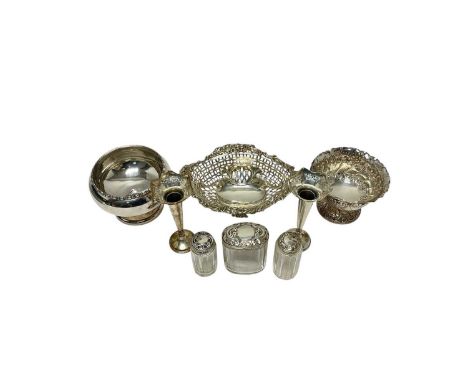 Group of miscellaneous silver, including two bon bon dishes, silver rose bowl, pair of silver spill vases and three silver to