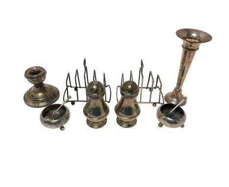 Selection of miscellaneous 20th century silver, including two toast racks, pair of baluster castors, spill vase, dwarf candle