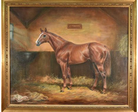 Carolyn Alexander, contemporary, oil on canvas - portrait of a horse, 'Aythorpe', signed and dated 1977, 51cm x 61cm, in gilt