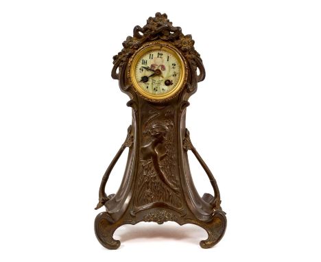 French Art Nouveau mantel clock, retailed by Reed &amp; Son, Cambridge with Iris painted dial, French movement striking on go