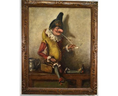 Late 19th/early 20th century, oil on board - portrait of Mr Punch smoking a clay pipe, 57cm x 44cm, in gilt frame Some fairly