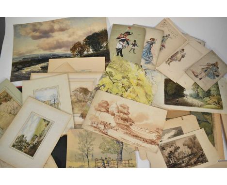 Folio of 19th century and later drawings and watercolours to include character illustrations by R. Evan Ellett, Walter Barnar