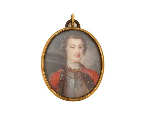 18th century miniature portrait on ivory of a young gentleman in armour, possibly Bonnie Prince Charlie, oval 5 x 4cm, in gla