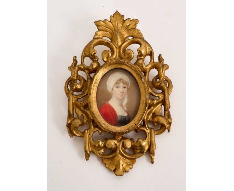 18th century portrait miniature on ivory, depicting a young woman in turban and red shawl, oval, 5 x 4cm, in pierced gilt woo