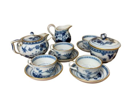 Meissen miniature blue and white porcelain tea set, including teapot, sugar bowl and cover, cream jug, four cups and saucers,