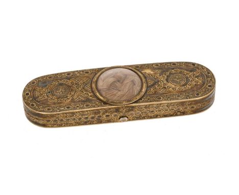 18th century silver gilt patch box, of rounded rectangular form, the geometric incised hinged cover inset with woven hair pan