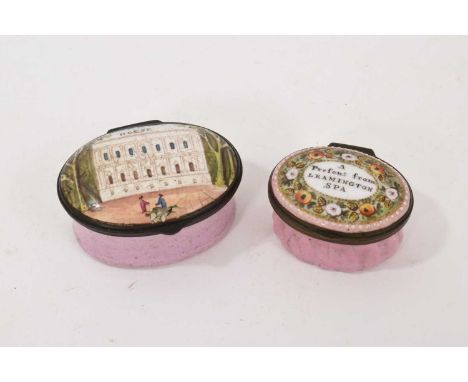 Two 18th century enamel patch boxes, each of oval form with mirror to underside of lid, the first with named scene of Banquet