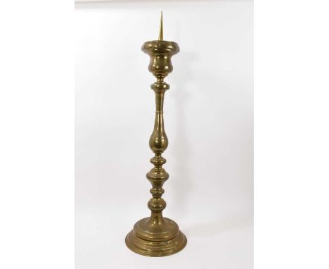 Victorian sheet brass pricket candlestick, knopped form on spread base, 100cm high. Provenance: The Caspall Collection, previ