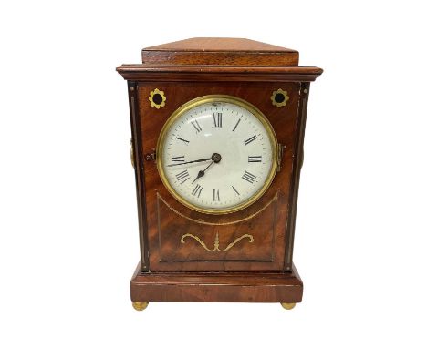 Early 19th century mantel clock in a brass inlaid mahogany case with fusée movement raised on brass ball feet 27.5cm, key pre