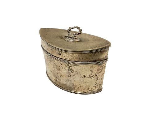 George V silver tea caddy of navette form, with hinged cover and top mounted handle (Birmingham 1914) Bracher &amp; Sydenham.