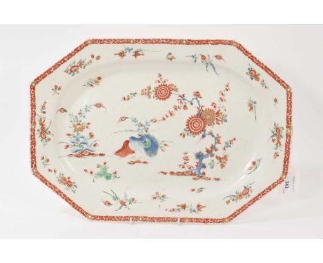 A Bow porcelain platter, circa 1760, polychrome painted in the Kakiemon style with the 'Two Quail' pattern, 42cm wideA nick a