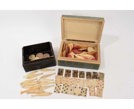 Collection of 18th / 19th century carved bone playing counters, including 22 Napoleonic prisoner of war playing cards
