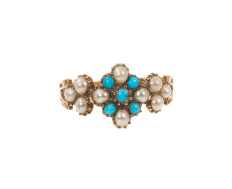 Regency turquoise and seed pearl forget-me-not ring with split shoulders on a reeded gold shank. Ring size R½The ring is unma