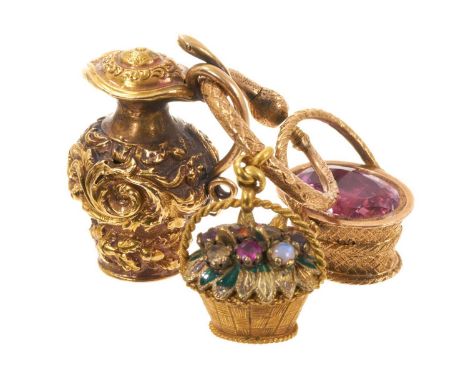 Three Regency novelty charms/seals, to include a yellow metal multi-gem and enamel basket, another yellow metal basket with f