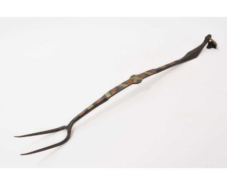 Good George III brass inlaid wrought iron toasting fork, with suspension loop, 58cm long. Provenance: The Caspall Collection,