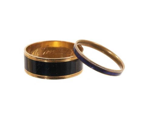 Two George III mourning rings, one with a plain black enamel band and inscribed "Hu: Robertson, obt. 21 Jany. 1800" ring size