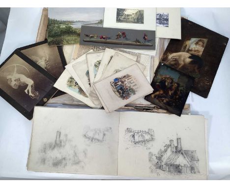 Collection of mostly 19th century engravings, drawings and watercolours including sporting subjects (approximately 90), a ske