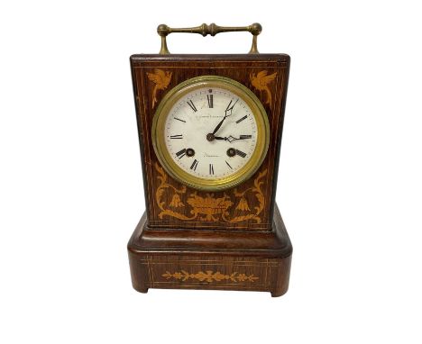 19th century French mantel clock in inlaid rosewood case retailed by Le Lacheur &amp; Lenfestey, Guernsey with French movemen