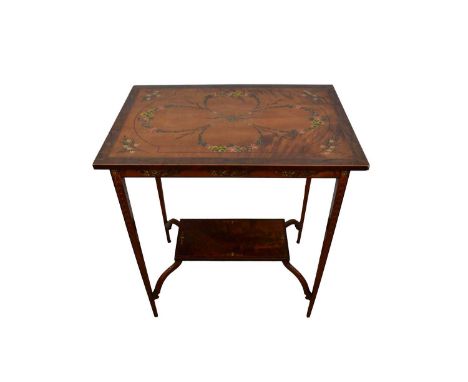Edwardian satinwood and polychrome painted two tier occasional table, with rectangular tops and shelf below on square tapered
