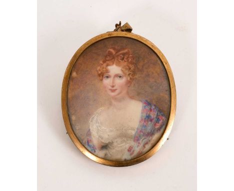 Early 19th century English school portrait miniature on ivory of a woman with red hair in white dress and shawl, named verso 